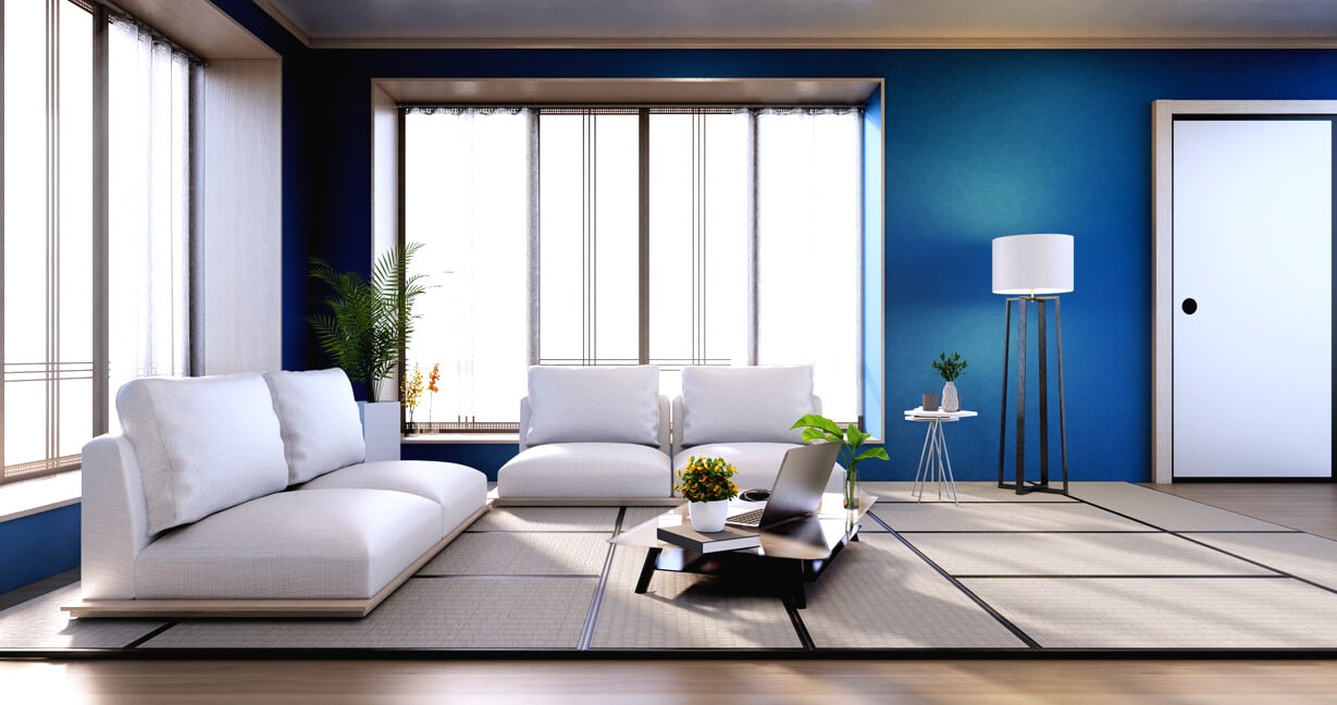 Interior-Design, Blue Modern Living Room Japanese Style.3D Rende